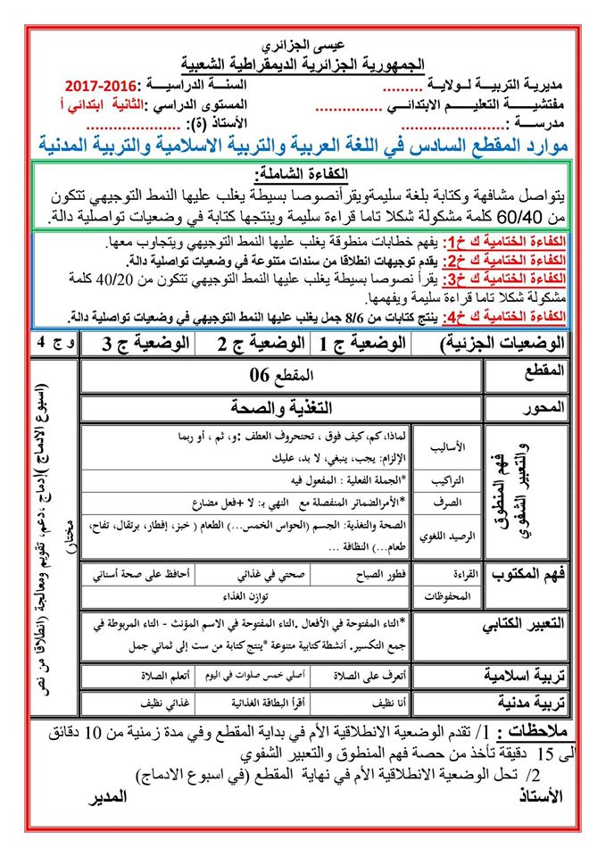 موارد المقطع الثالث في اللغة العربية، التربية الاسلامية والتربية المدنية