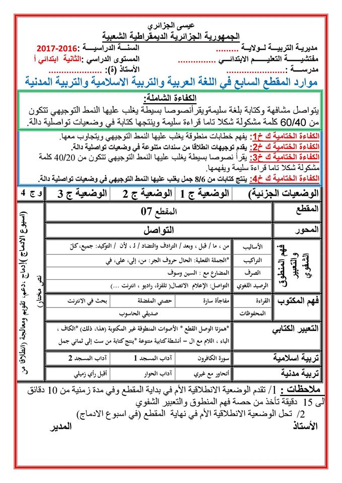 موارد المقطع الثالث في اللغة العربية، التربية الاسلامية والتربية المدنية
